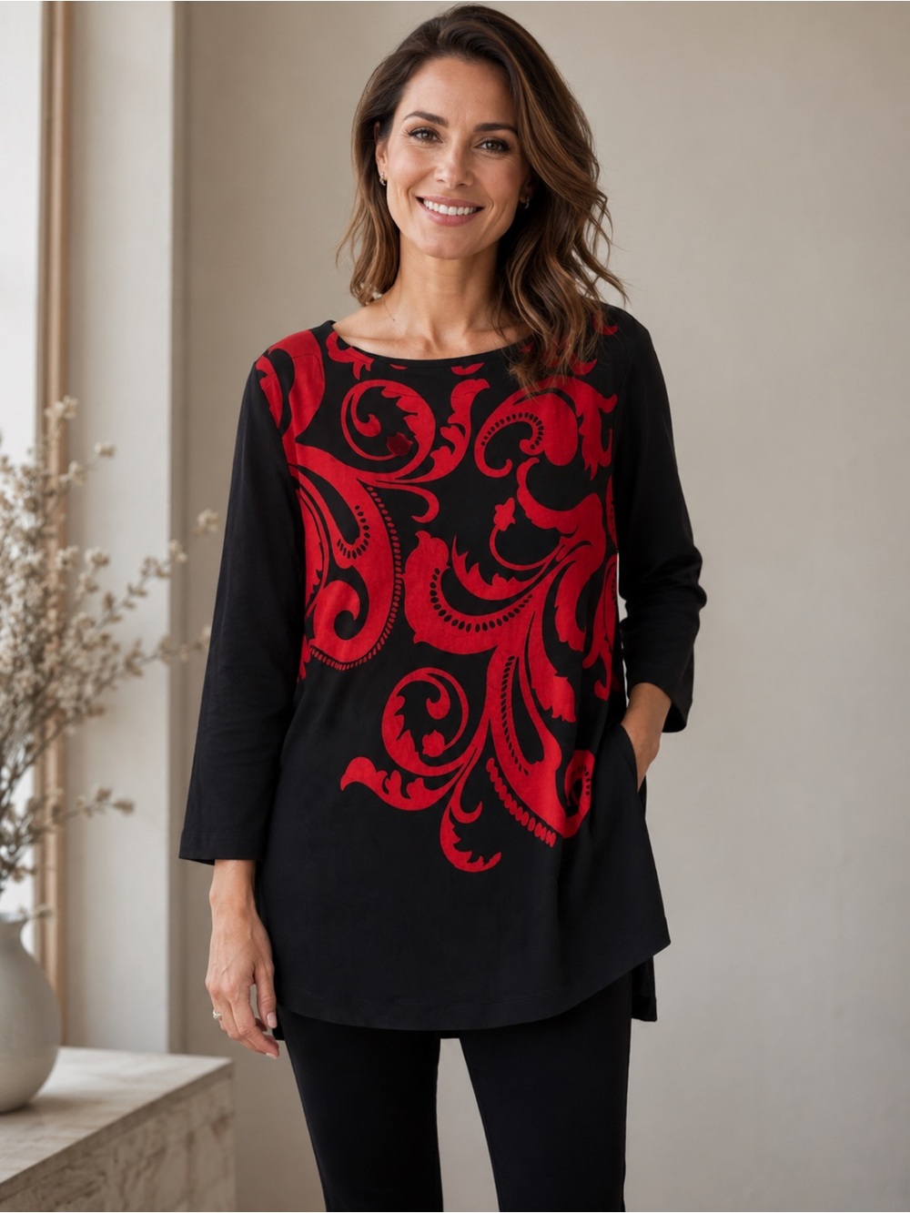 Chico's Travelers Red Allure Scroll Bell Sleeve Tunic Top
